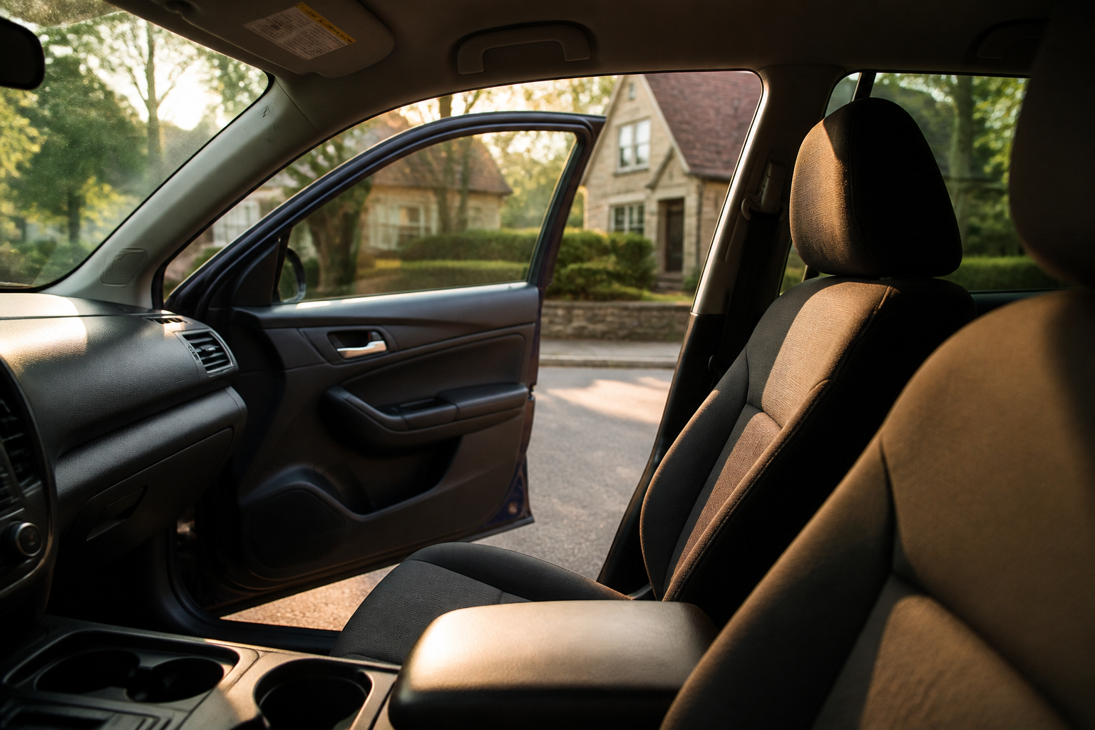 Empty passenger seat, door open — Mark rides shotgun.